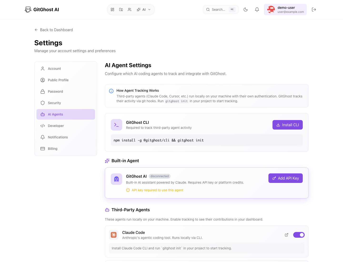 Gitghost AI account AI agent settings