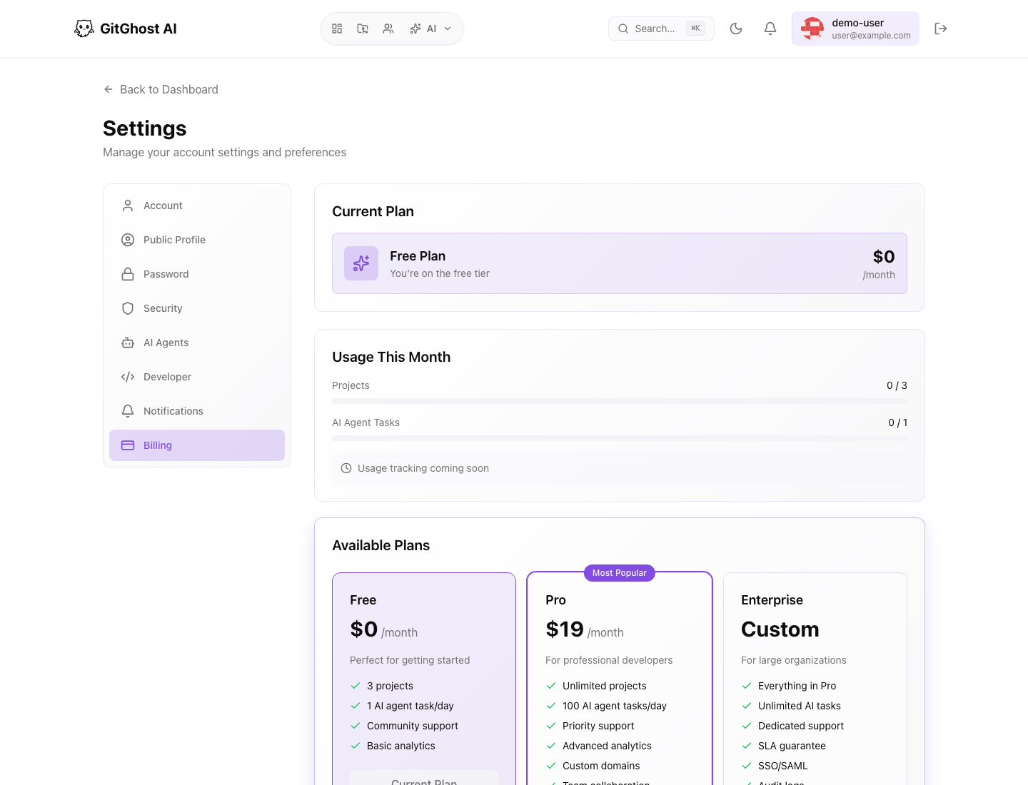 Gitghost AI billing settings