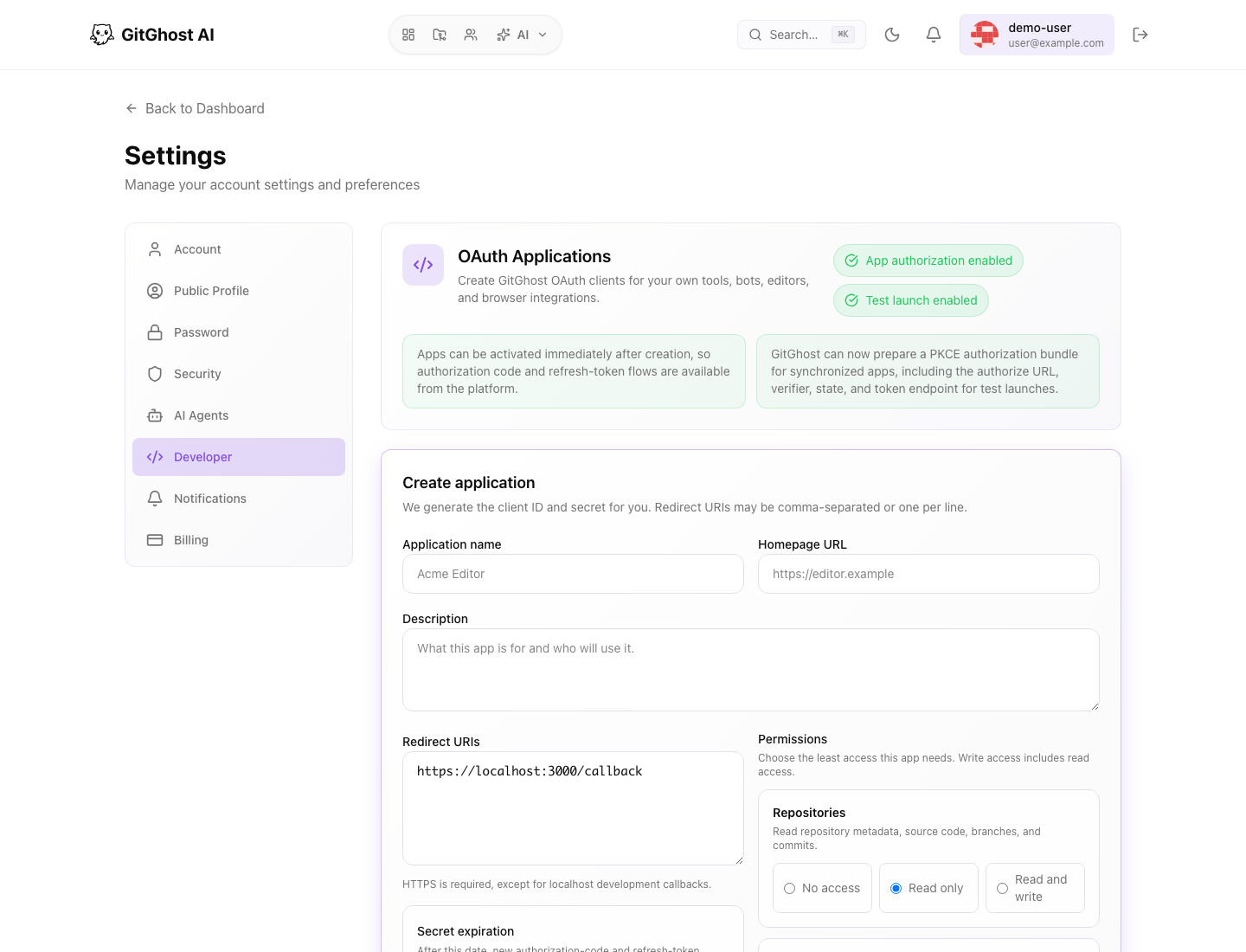 Gitghost AI OAuth application settings
