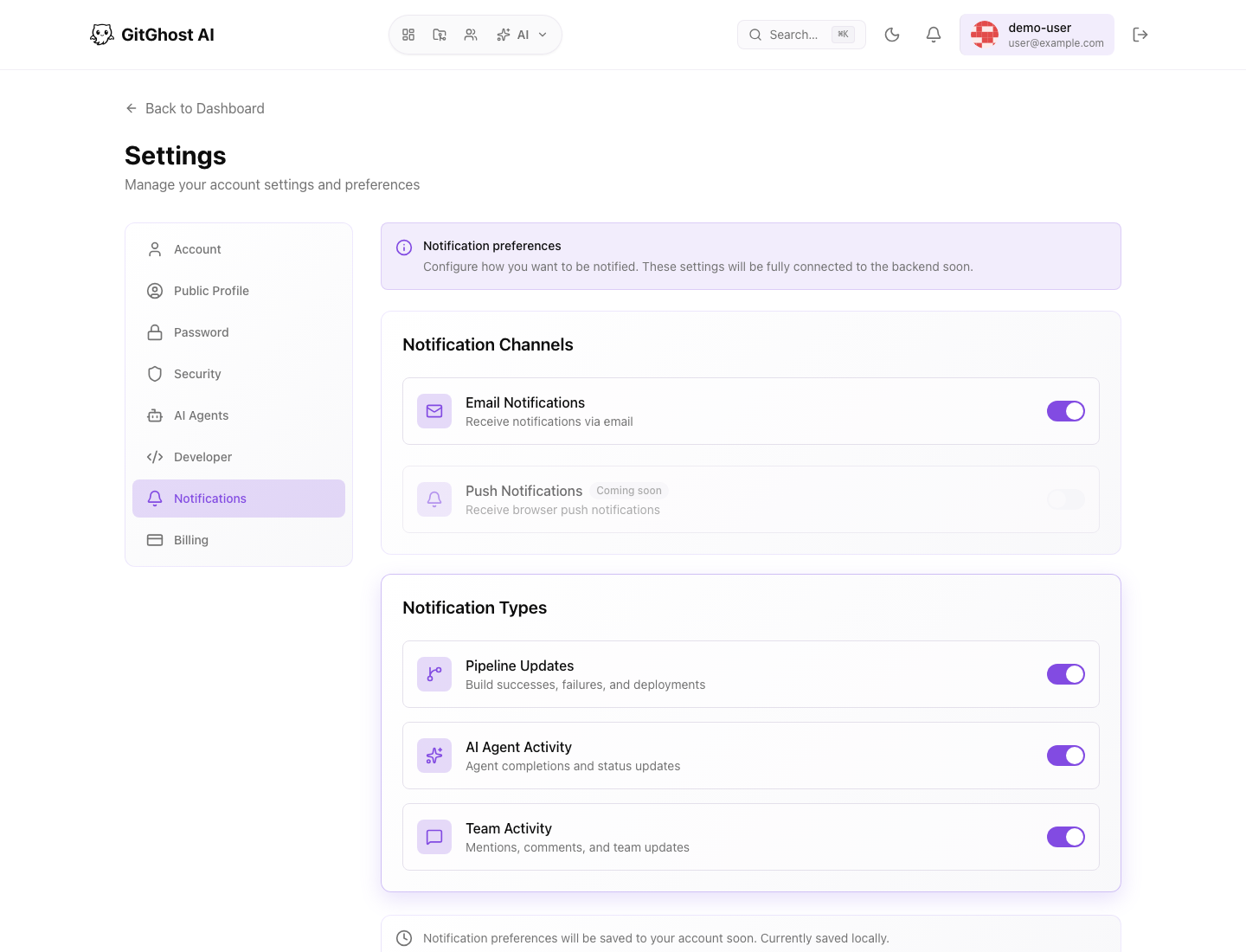 Gitghost AI notification settings
