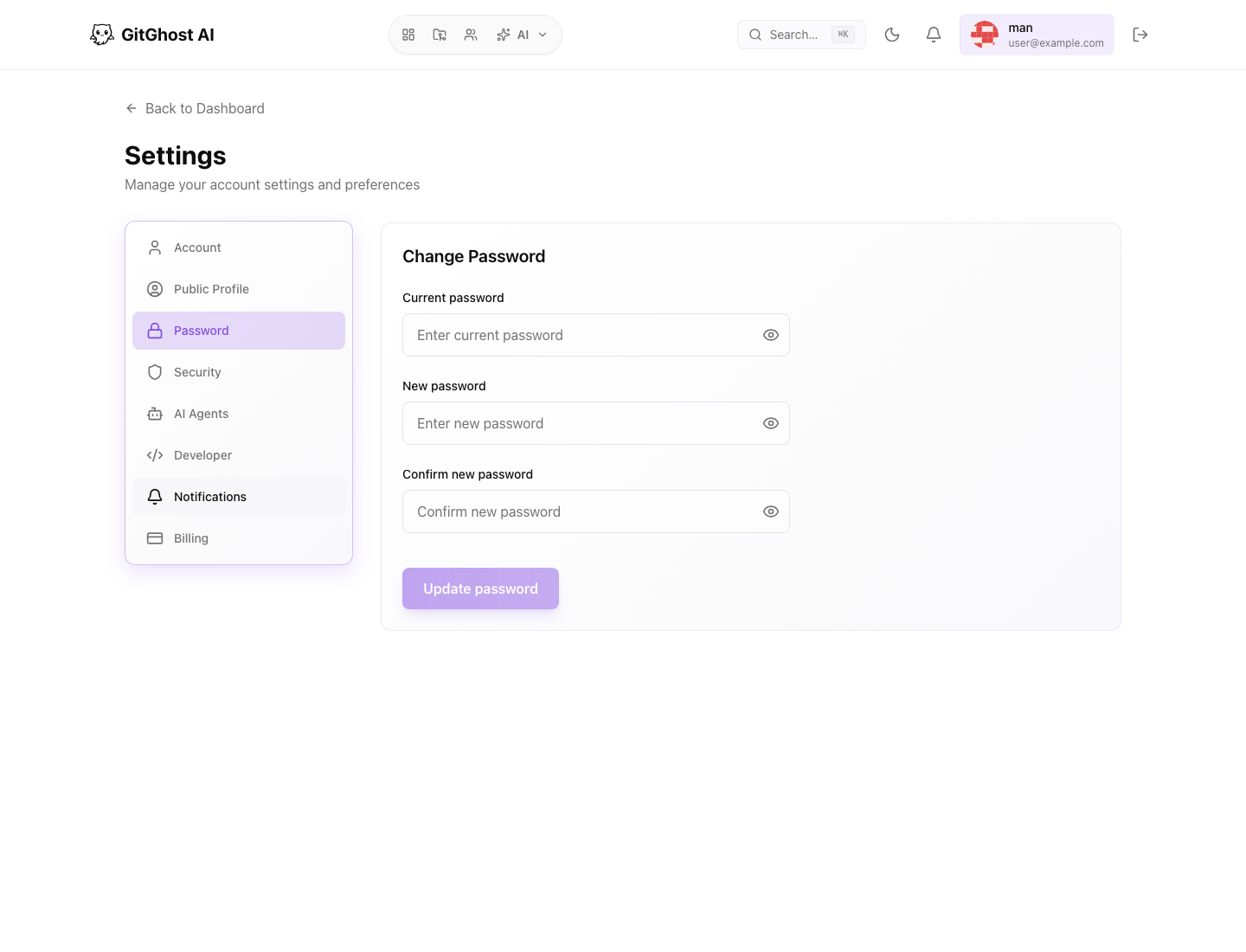 Gitghost AI password settings