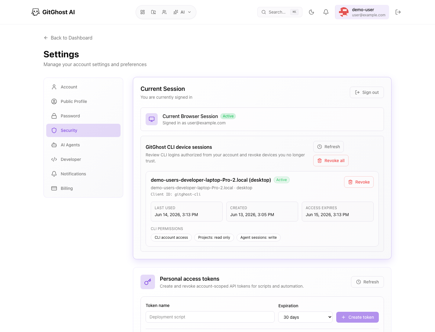 Gitghost AI account security settings