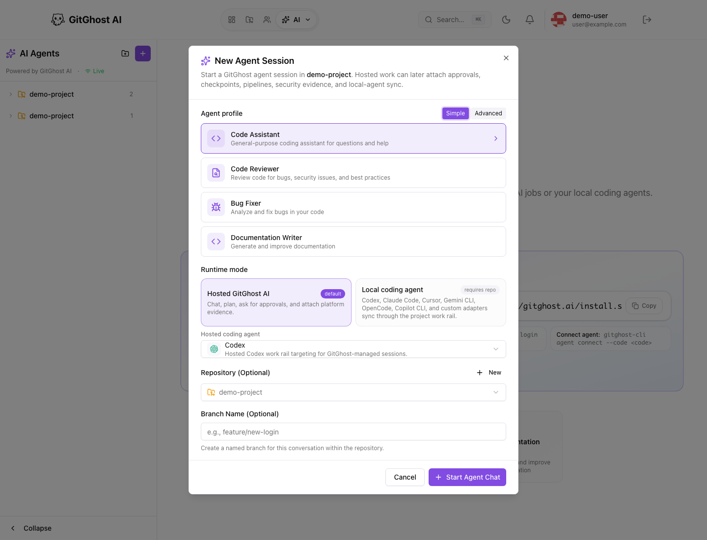 GitGhost AI chat workspace