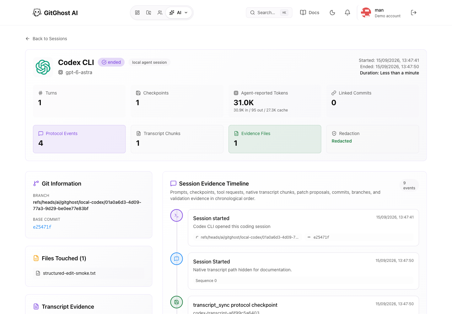 A captured Codex session with a changed file, checkpoint, transcript, and agent-reported token usage