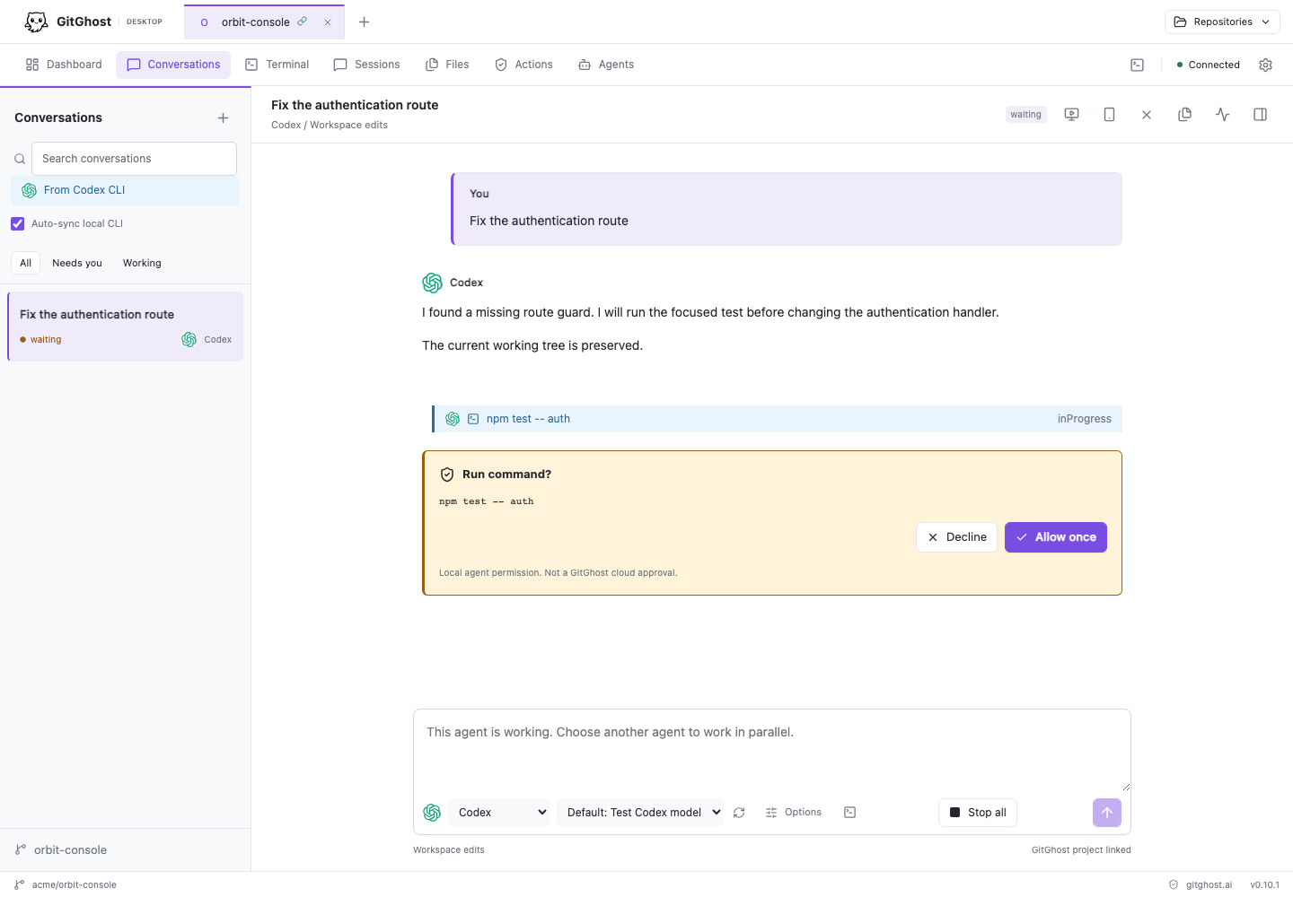 A local agent request waiting for the user's decision