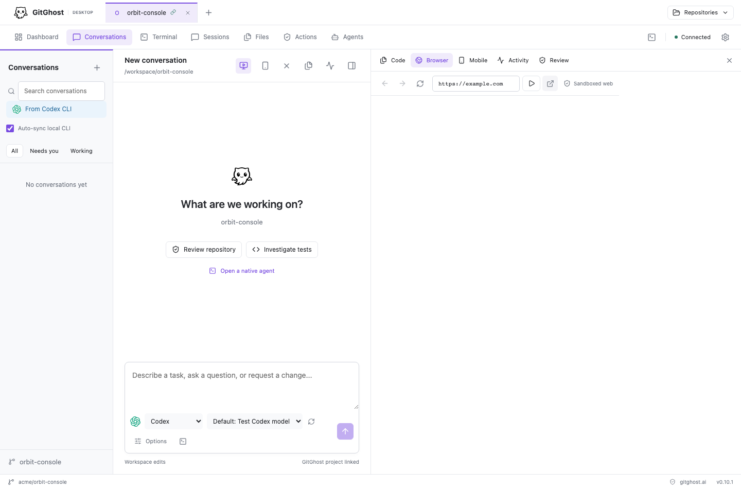 An isolated browser preview beside the agent conversation