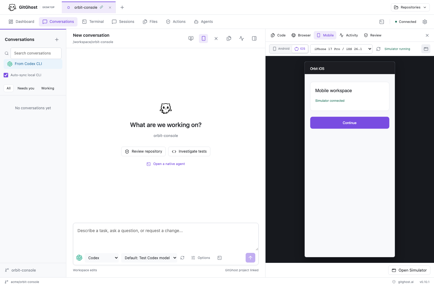 iOS simulator selection and controls beside a conversation