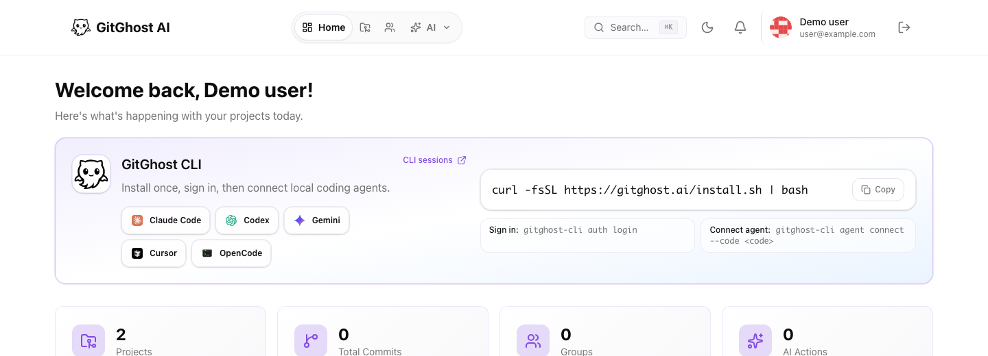 GitGhost dashboard with CLI setup and project summary
