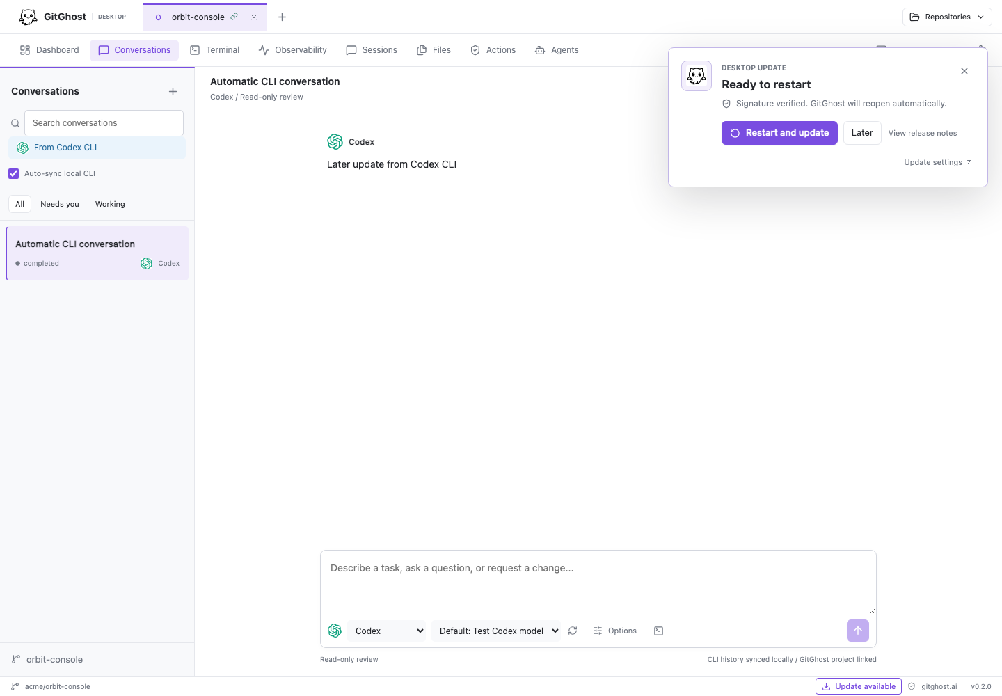 A verified GitGhost Desktop update ready to restart