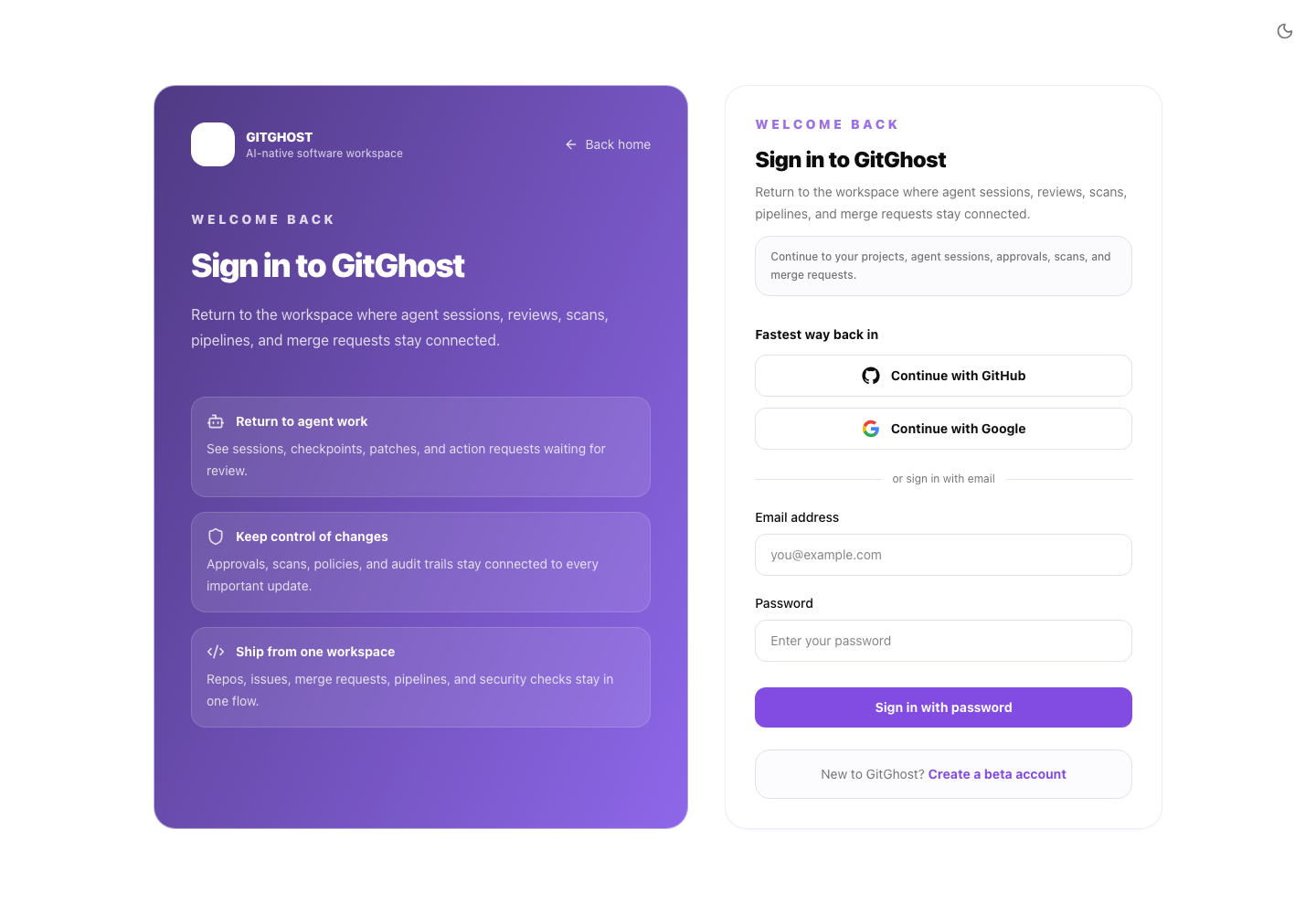 Gitghost AI login page