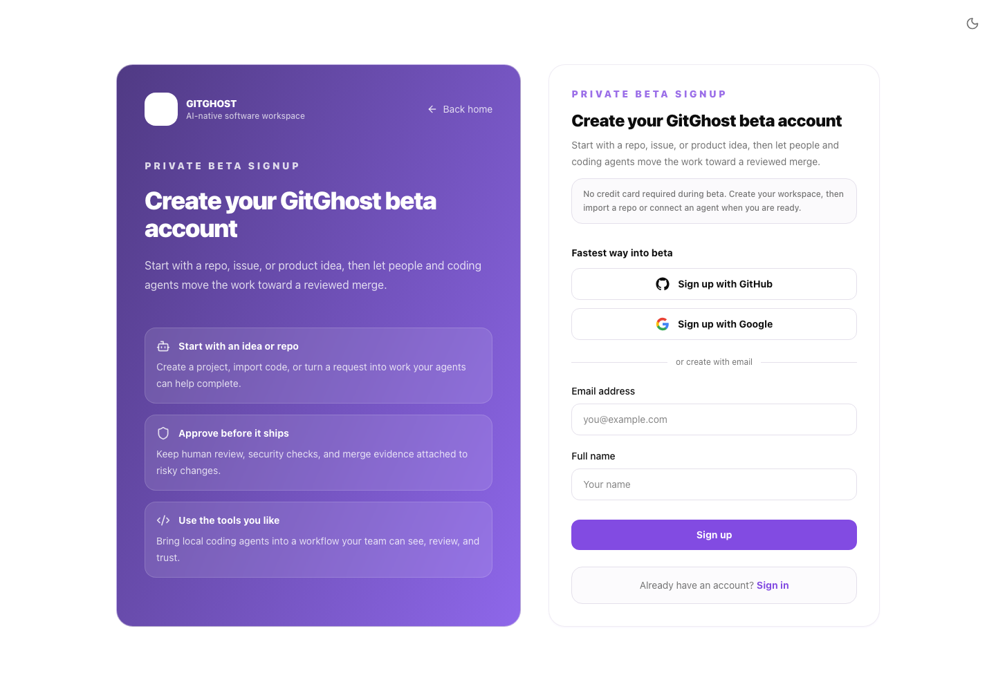Gitghost AI registration page