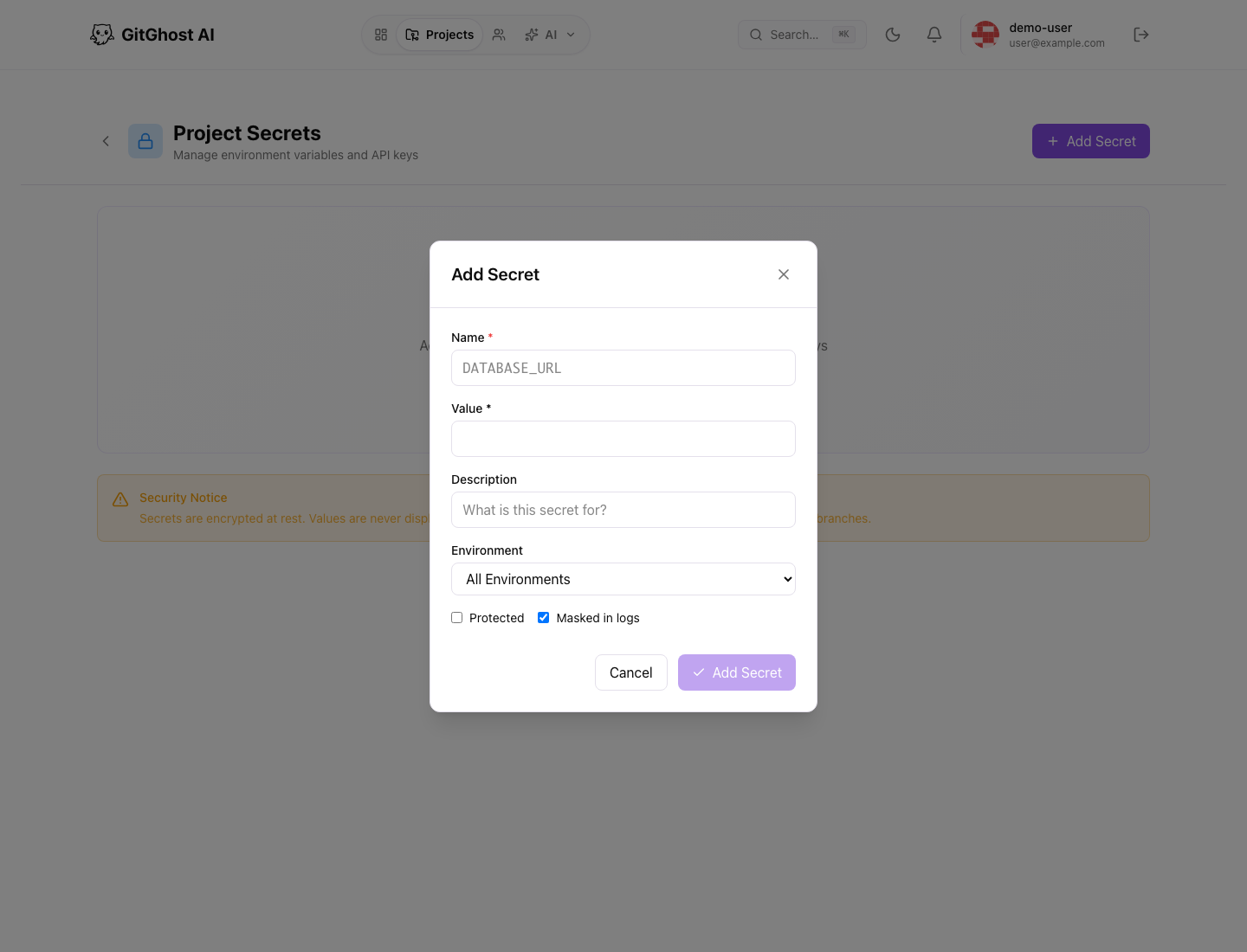 Add a Gitghost AI project secret