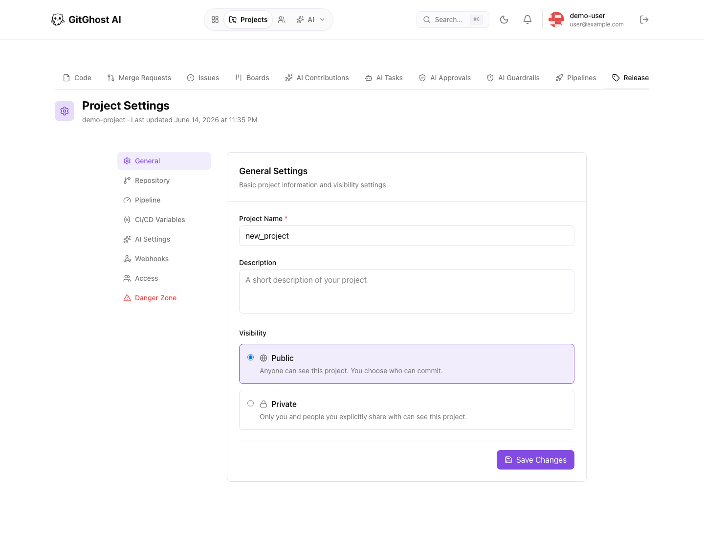Gitghost AI project settings
