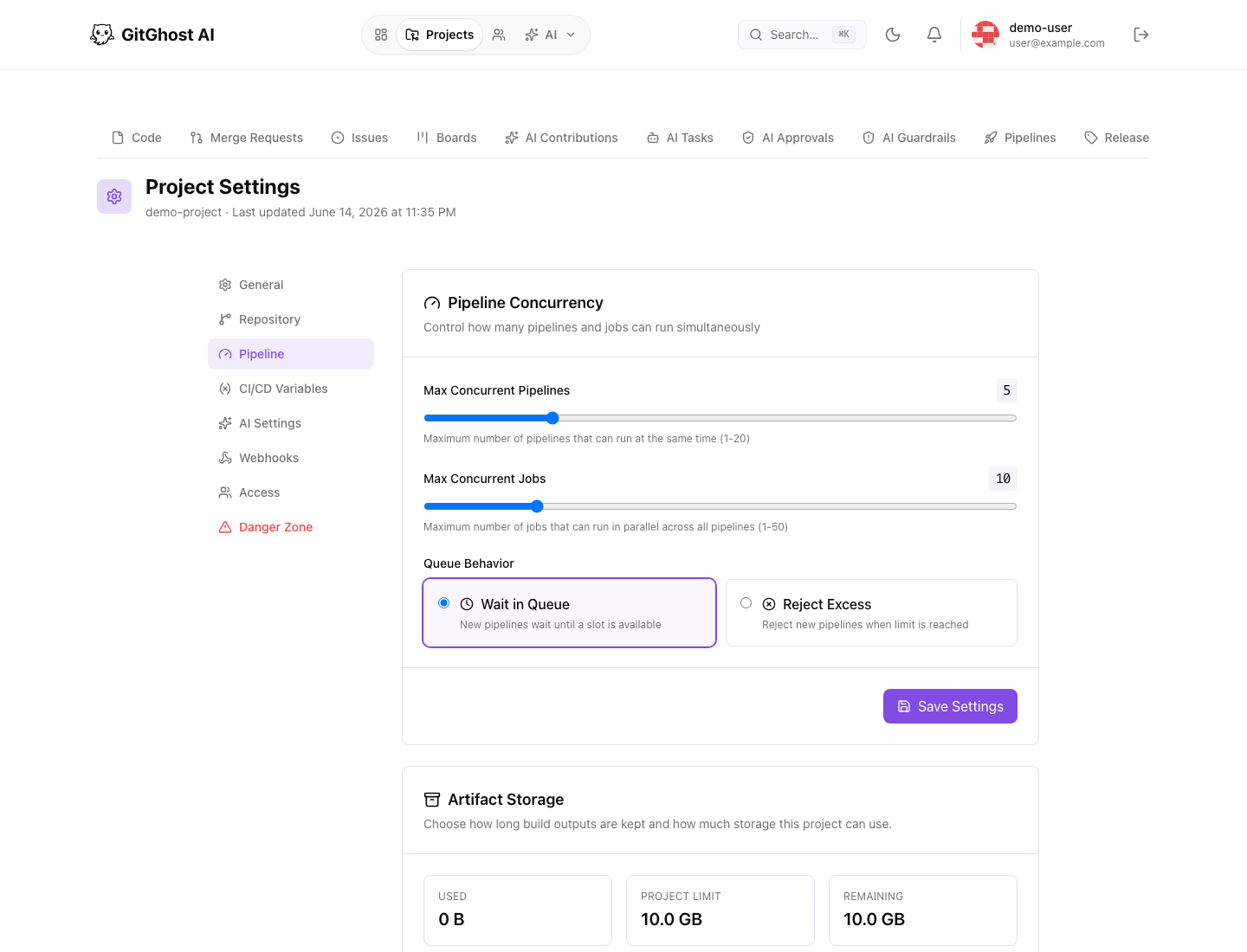 Gitghost AI pipeline settings