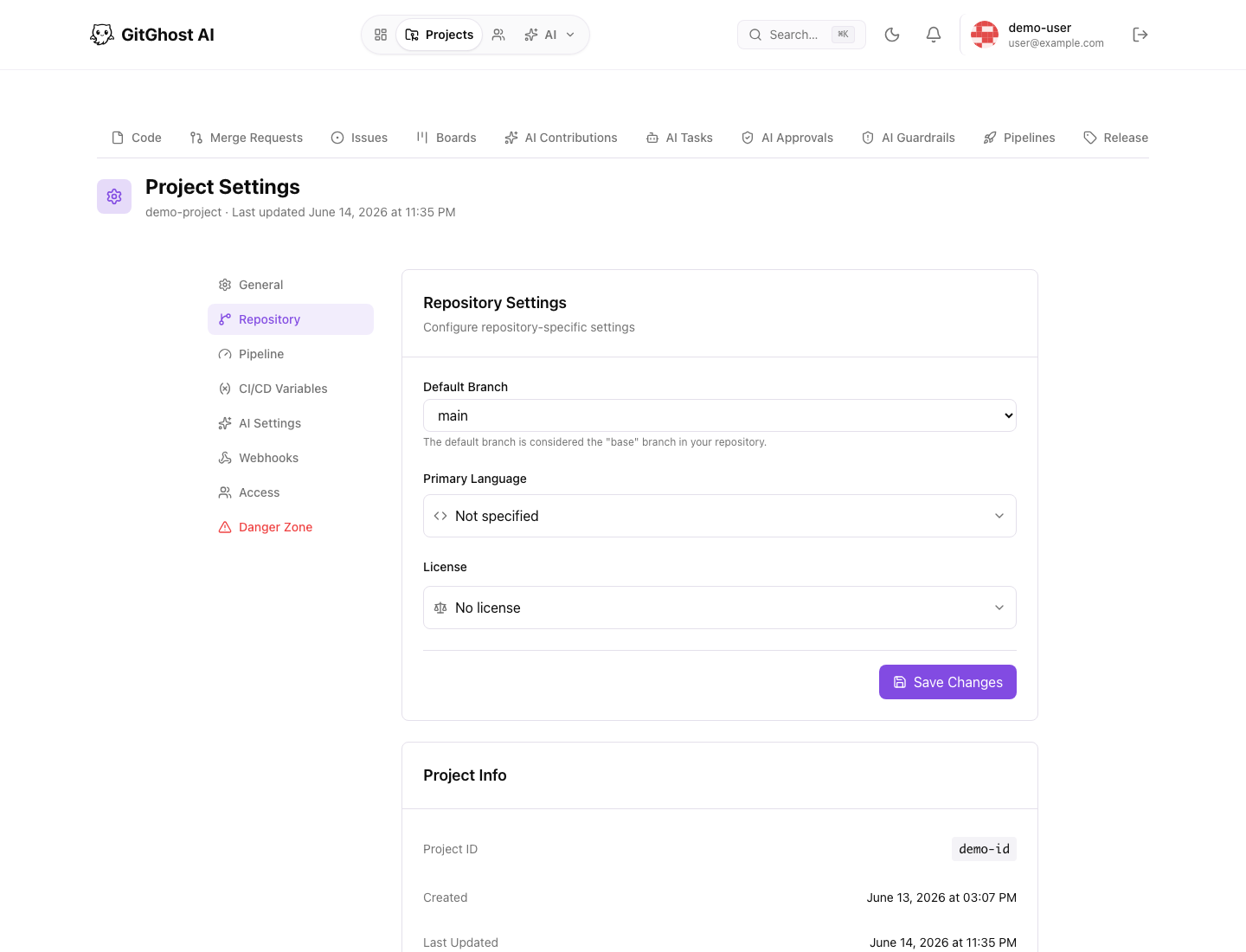 Gitghost AI repository settings