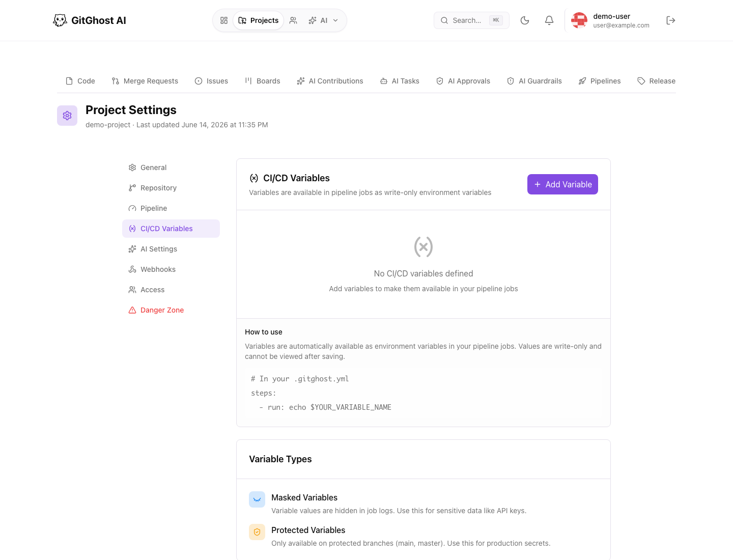 Gitghost AI CI/CD variables