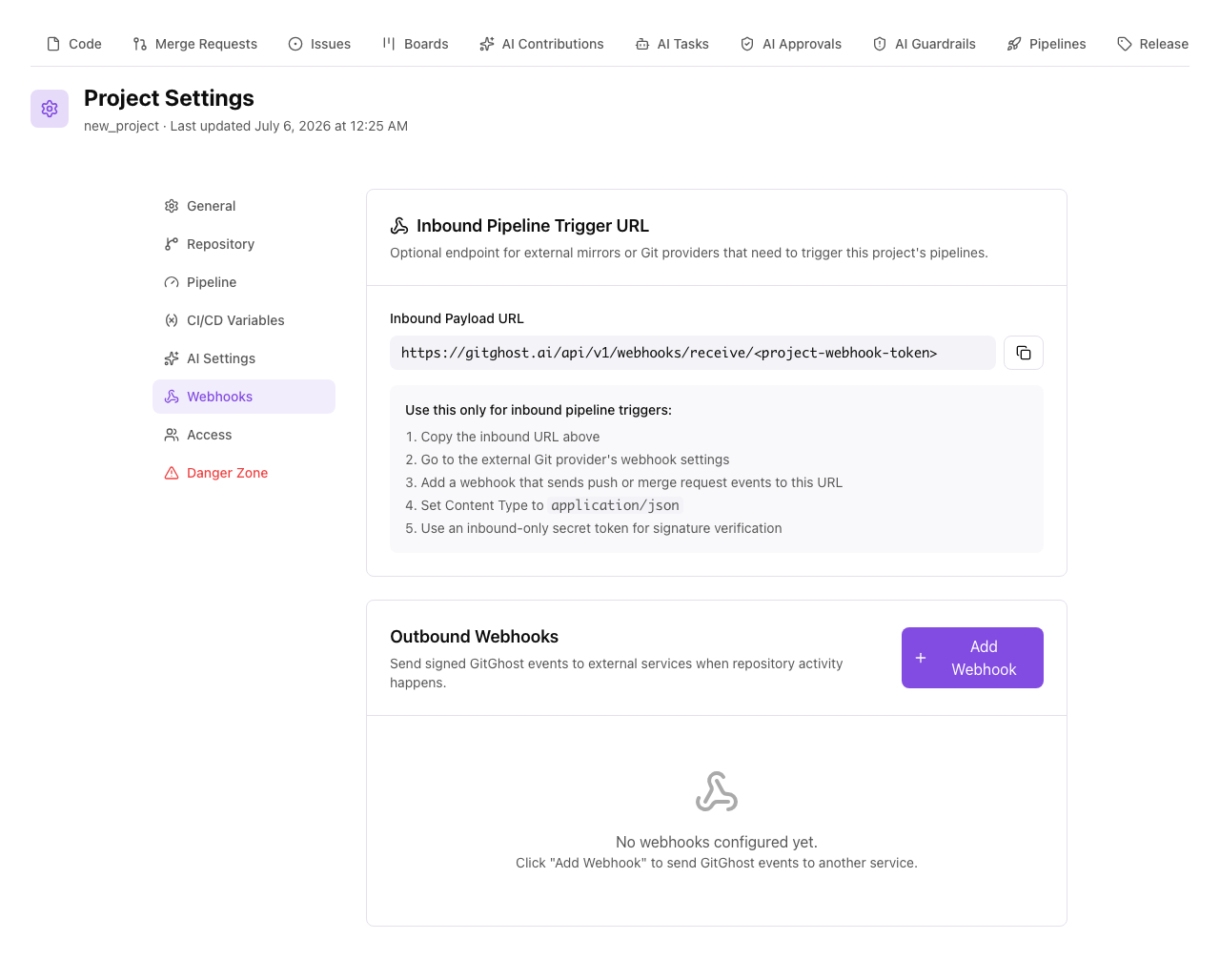 Gitghost AI webhooks settings