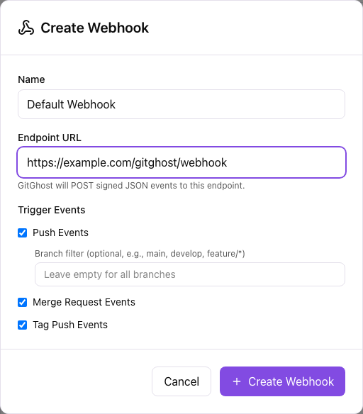 Gitghost AI create webhook modal