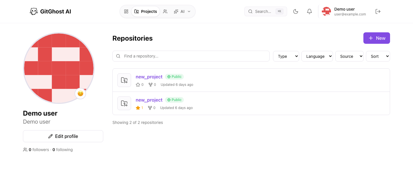 Project list in Gitghost AI