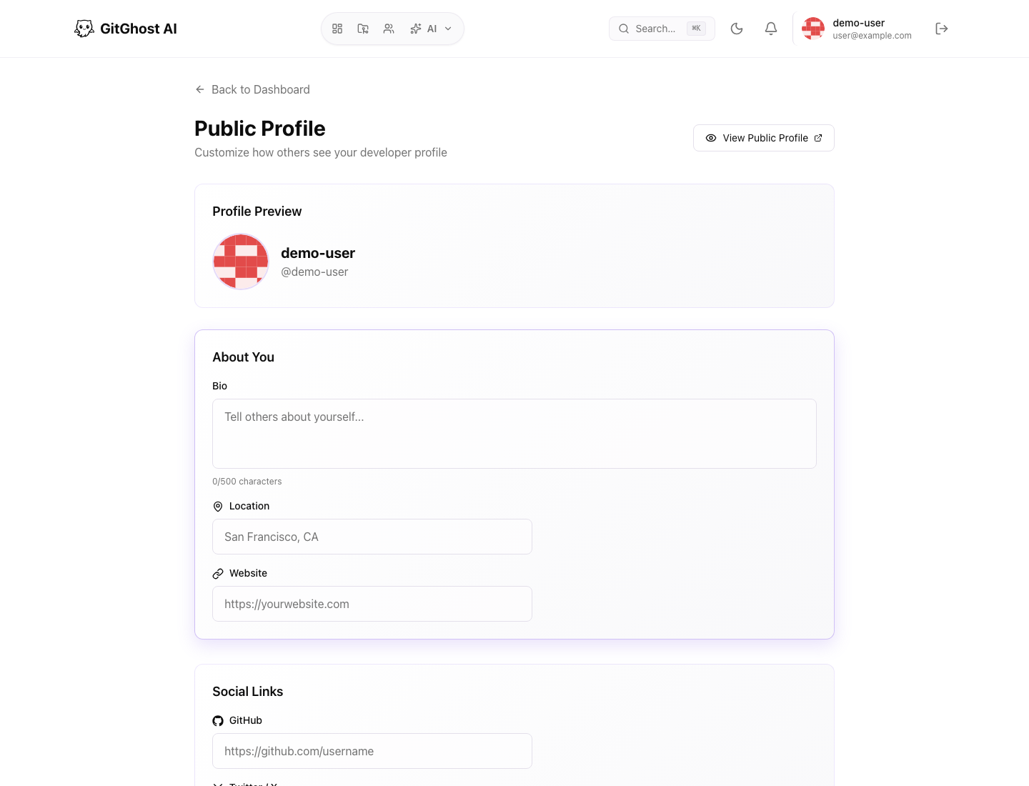Gitghost AI public profile settings