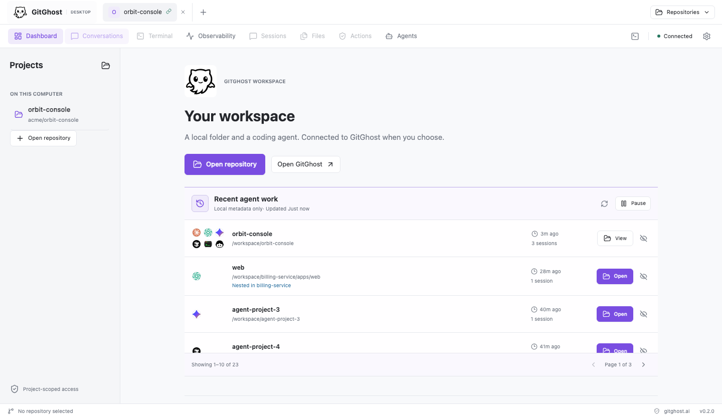 Dashboard list of recent agent working folders
