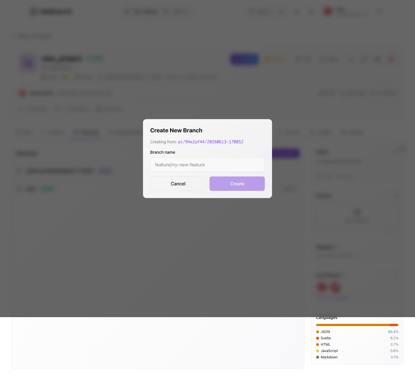 Gitghost AI create branch modal
