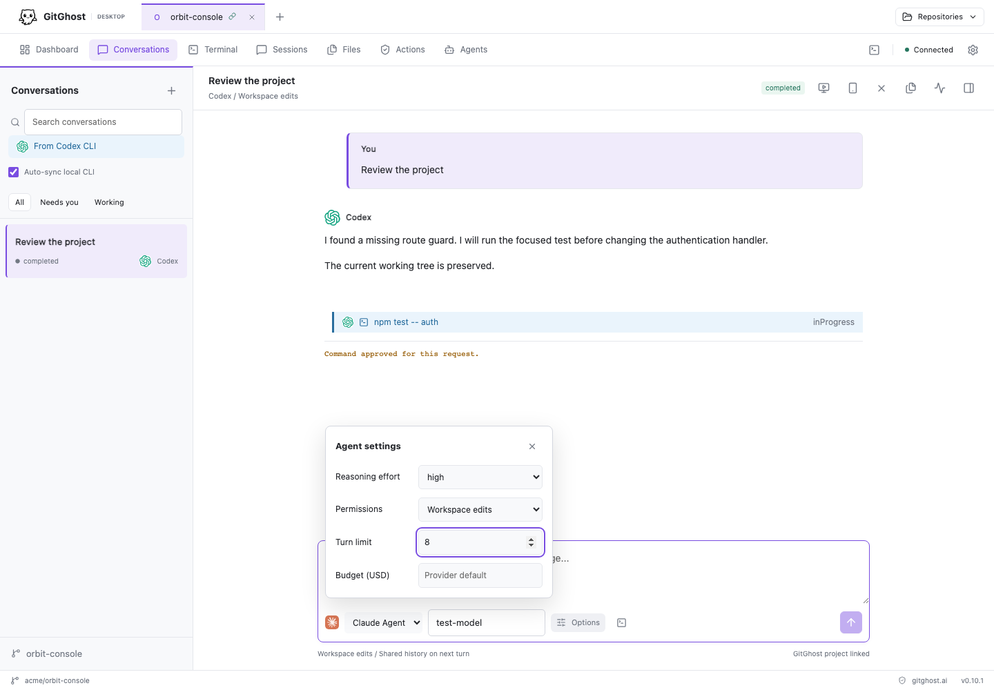 Agent settings for reasoning, permissions, turn limit, and budget