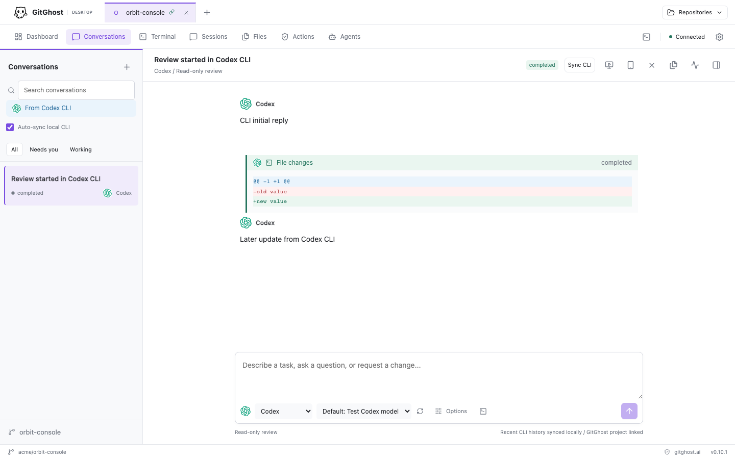 A structured Codex conversation with synchronized CLI activity and a semantic diff