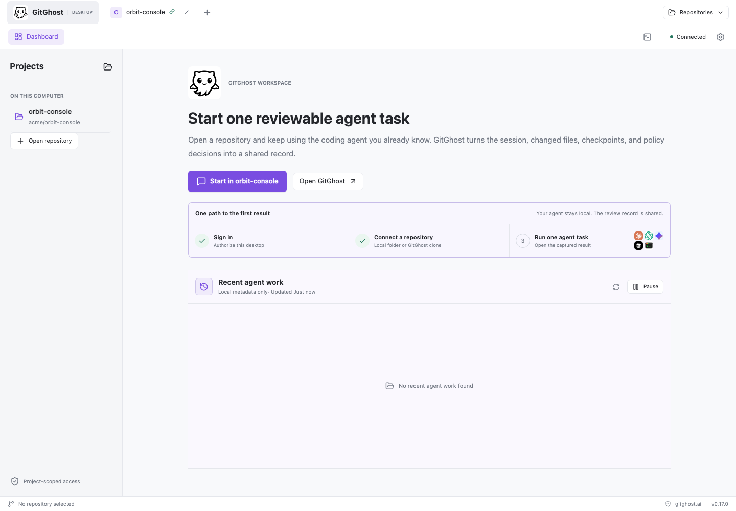 GitGhost Desktop with a connected sample workspace