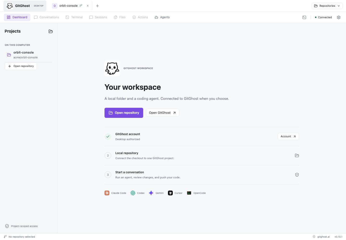 GitGhost Desktop first workspace dashboard