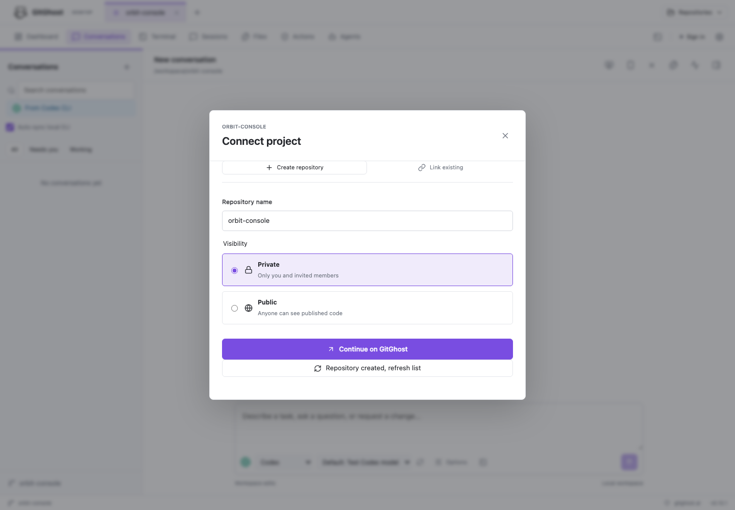 Choose the repository name and visibility before creating it in GitGhost