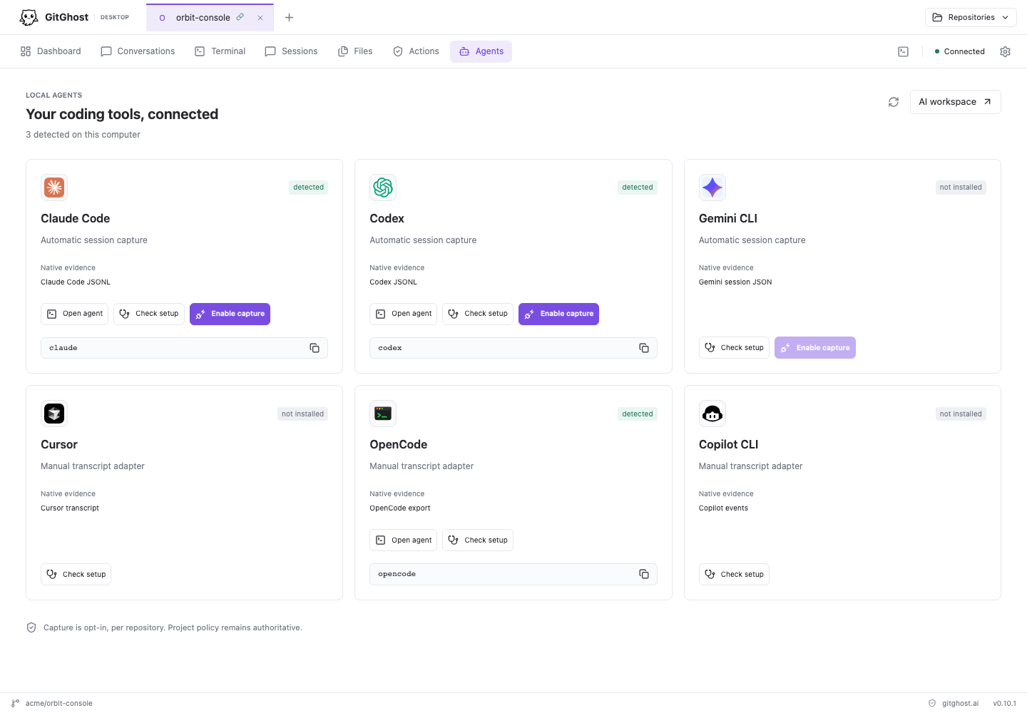 Detected coding agents with setup and capture controls