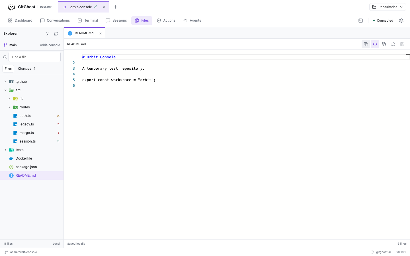 Folder-first explorer with file icons, Git state, and editor